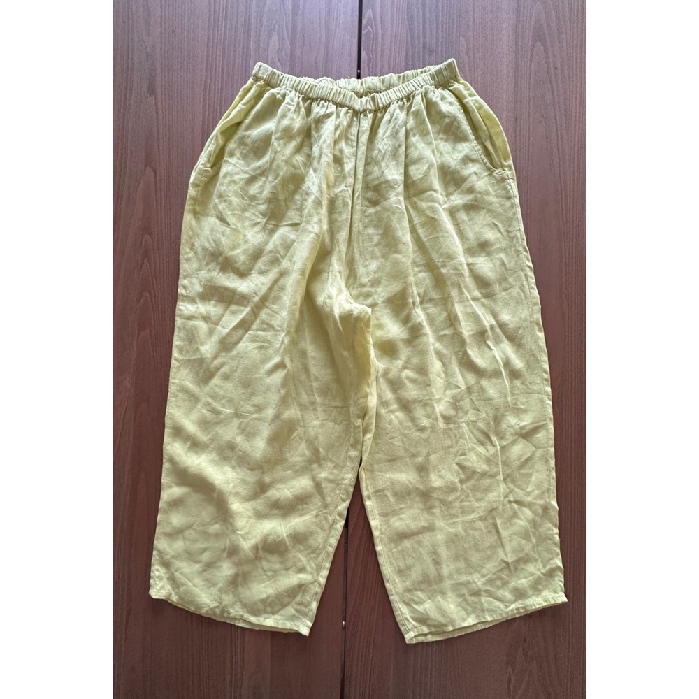 Flax Yellow Linen Wide Leg Cropped Pants Elastic Waist Pockets Coastal Boho